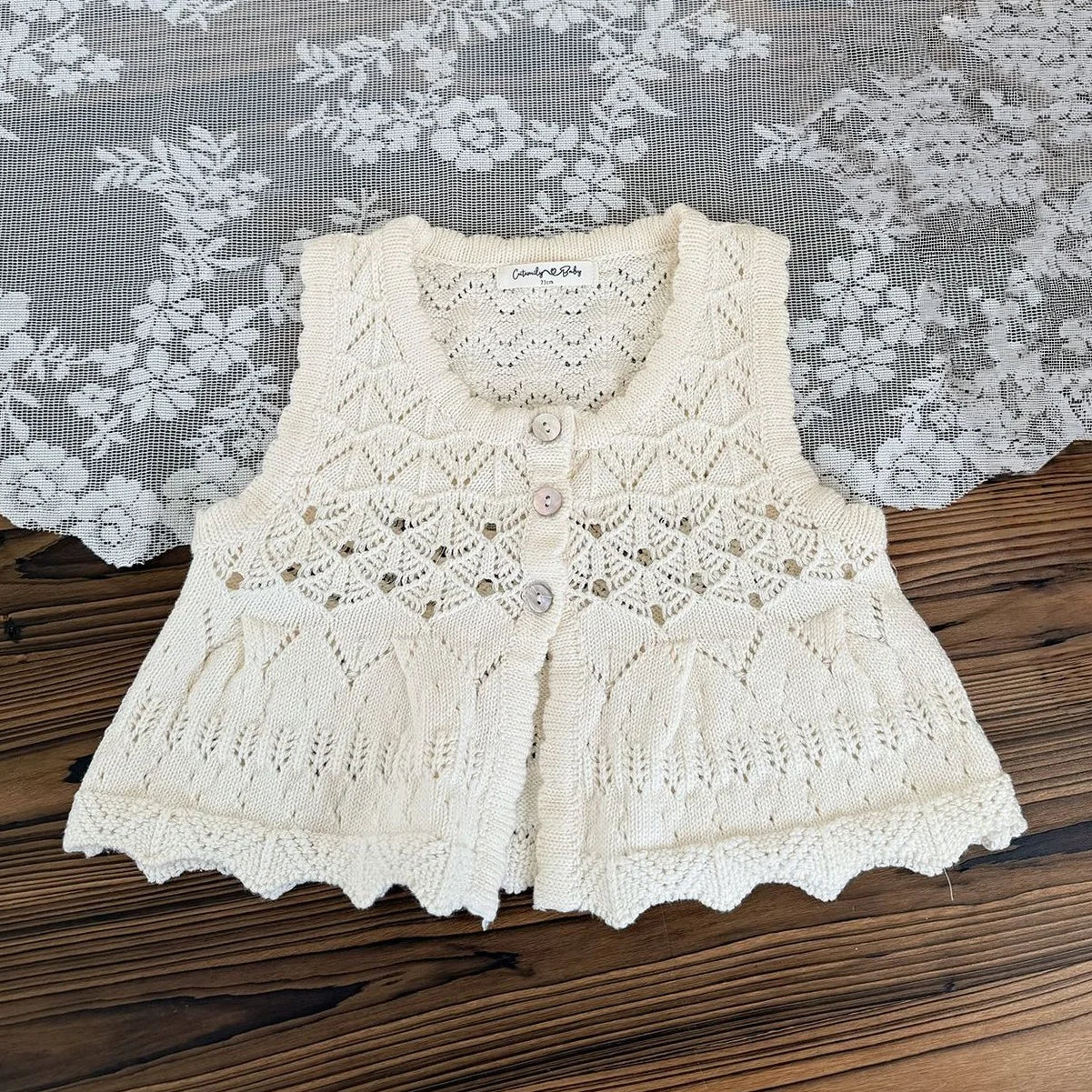 2026 Spring Sweet Style Children Sweater Pink Openwork Scalloped Hem Knit Vest for Girls Lightweight Sleeveless Clothes