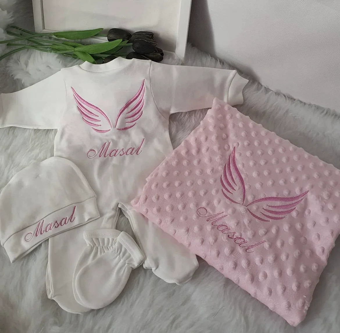 Dollbling Hospital Exit 5pcs Embroidery Name Newborn Angle Wings Romper Blanket  Nursery Bedding Swaddle Handmade Infant Outfit