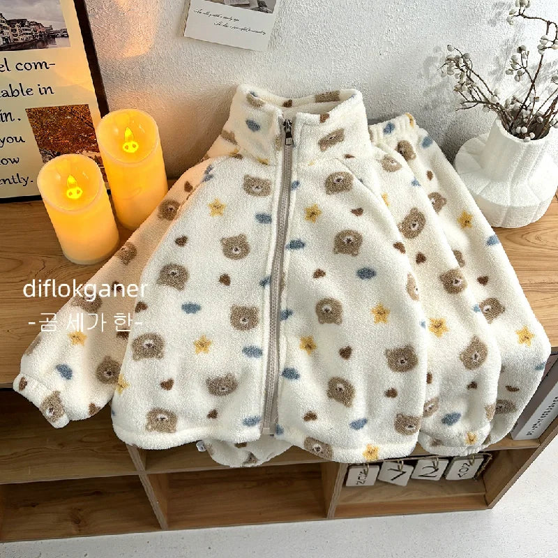 Winter Plush Warms Sets Kids Cartoon Thick Pajama Suits Girls Boys Fleece Long Sleeve Home Wear Outfits Children Clothes 1-10Y