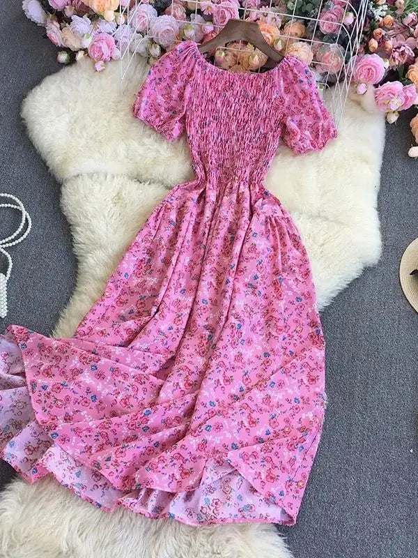 Beach Vacation Floral Print Dress Women Puff Sleeve Square Collar High Waist Dresses Korean Fashion Party Long Dress