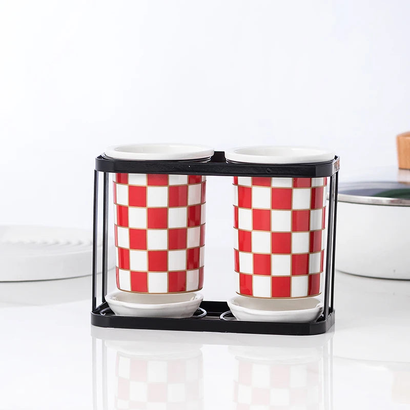 Checkerboard Ceramic Chopsticks Holder Drain Rack Chopsticks Basket Chopsticks Box Cutlery Box Storage Rack Wall-mounted Shelf