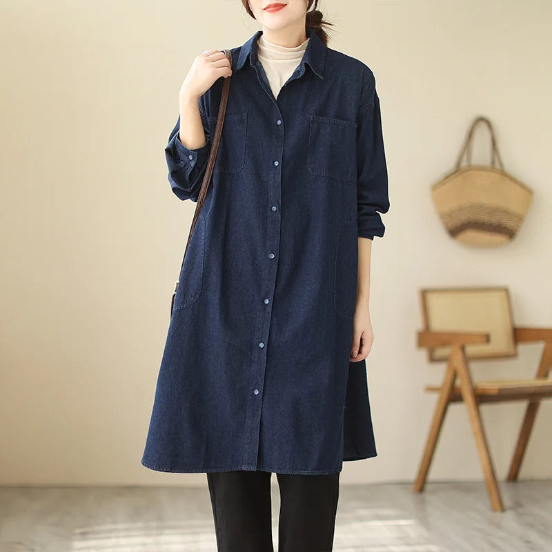 Spring Autumn Loose Large Size Faionable Cotton Denim irt Women's Mid-Length Sve Long Outerwear Trendy Button ket