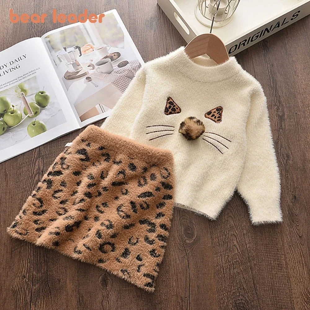 Bear Leader 2024 Spring and Autumn New Girl Sweater Set Princess Dress Cartoon Sweater+A-line Skirt 2-piece Set