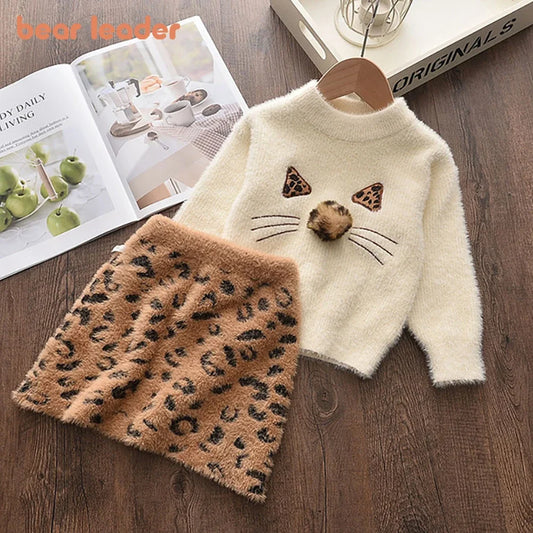 Bear Leader 2024 Spring and Autumn New Girl Sweater Set Princess Dress Cartoon Sweater+A-line Skirt 2-piece Set