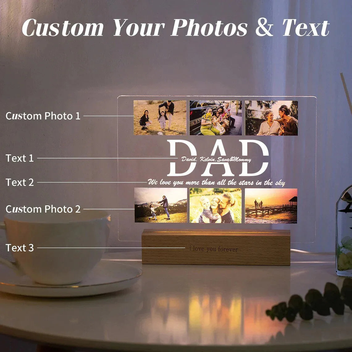Custom Acrylic Lamp Personalized Photo Text Bedroom Night Light MOM DAD LOVE Friend Family Day Wedding Birthday Christmas Gift