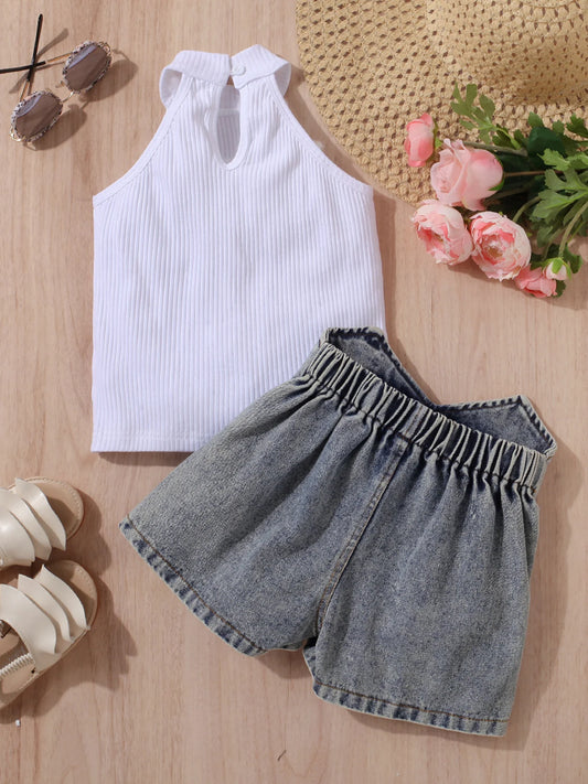 Toddler Girl Fashion Outfits, Solid Color Tank Top & Faux Denim Short Set, Girl Summer Spring Outdoor Clothes 2-7T, for Outdoor