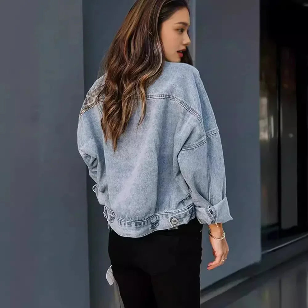 Cross-Border Amazon Denim Jacket Women's Long Sleeve Standalone European and American Style Denim Coat Women's Leopard Printed