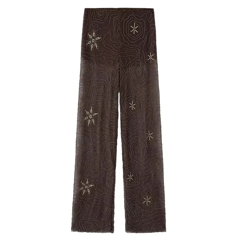 HXAO Tulle Women's Two Pieces Set Baggy Sequin Pants Sets Strapless Crop Top Beaded Long Pants 2 Piece Sets Semi Sheer Trousers