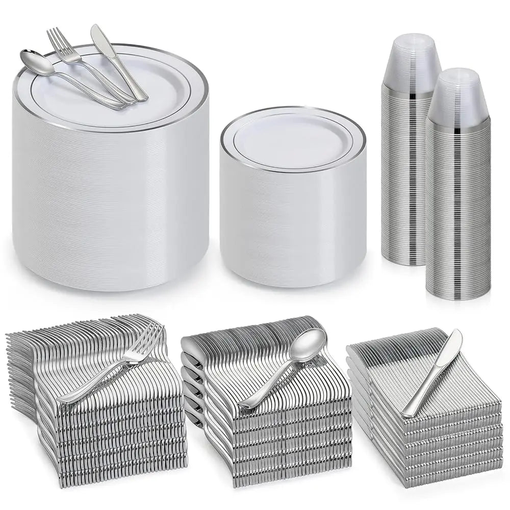 600 Pcs Silver Plastic Dinnerware Set For 100 Guests, Disposable Plastic Plates For Party Wedding Birthday, 100 Dinner Plates,