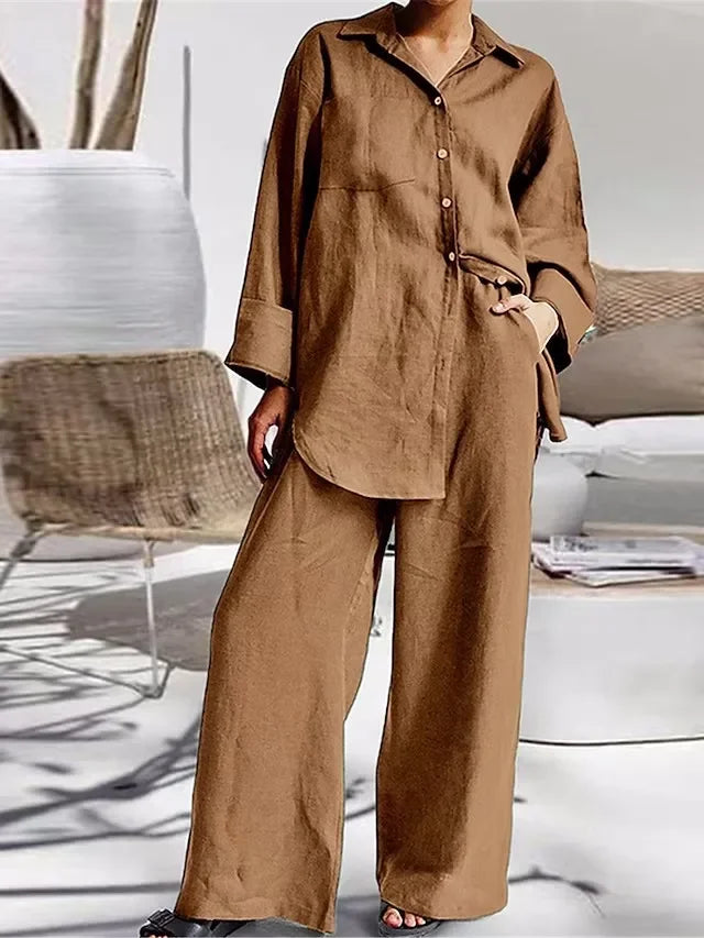 2024 Autumn New Women's Cotton and Hemp Set Solid Color Collar Shirt High Waist Wide Leg Pants Elegant Two Piece Set