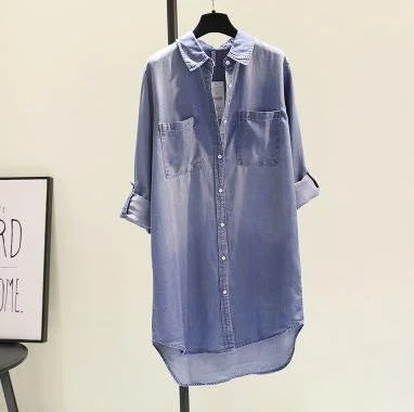 Women's Mid-Length Svel Denim irt Dr Cotton Linen Material Korean Sle Commute Pure Color Other Material 00%