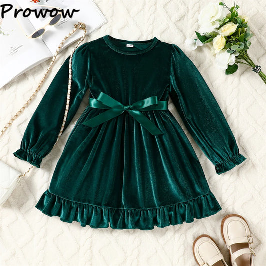 Baby Green Dresses For Girls Flared Sleeve Lace Velvet Dress With Belt 2pcs 2026 New Year Toddler Baby Eevening Party Dress