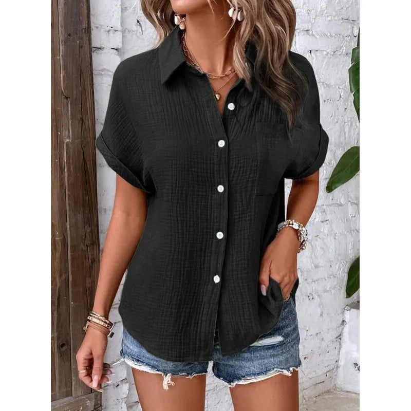 Women Casual Cotton Blouse Vintage Summer Short Sleeve Slim Shirt Elegant Turn Down Collar Solid Tunics Harajuku Streetwear Tops