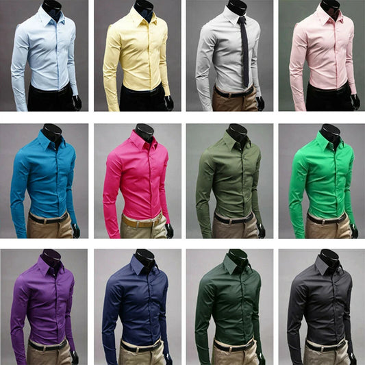 Men\'s Long Sleeve Button Up Shirts Solid Slim Fit Casual Business Formal Dress Shirt Suit for Wedding