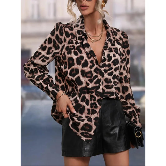 Plus Size 1XL-5XL Women Elegant Women's Casual Button Shirt with Trendy Leopard Print Perfect for Autumn Style Fitted Shirt