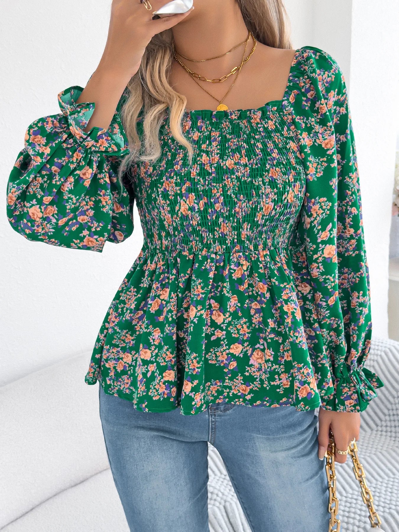 VigoCasey 2025 Spring Floral Print T-shirt Casual Women Lantern Long Sleeve Top Autumn Lady Square Neck Casual Club Short Tops