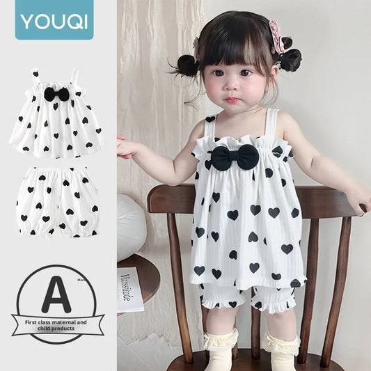 【Youqi】Chinese 0-2 Year Old Baby Girl Outfit Set, Camisole Top with Polka Dot Shorts, Summer Thin Two-Piece Set