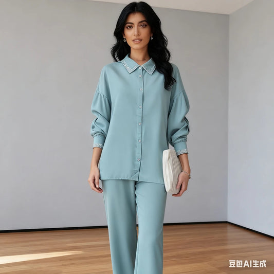 Femme Musulmane Ensembles Casual Women Solid Color Tops and Pants 2 Pieces Set Dubai Kaftan Abaya Islam Clothing Eid Shirt Suits