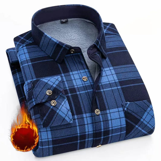 Men's Fashion Warm Long-sleeved Plaid Shirts Thickened Double-sided Fleece Cold-resistant Plus-size Casual Business Check Shirts