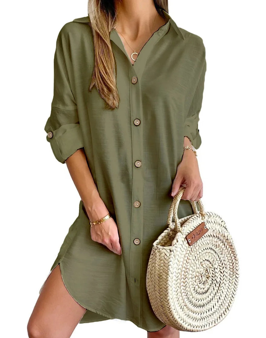 Women's Long Sve Collar Button up irt Dr High Waist Skirt Sle Casual Faion Polyester Fabric Iron Free Summer Dr