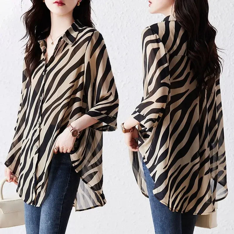 Summer Chiffon Shirt Three-quarters Sleeve Striped Retro Blouse Women Sunwear for Women Zebra Print Loose Shirt Large Size Tops