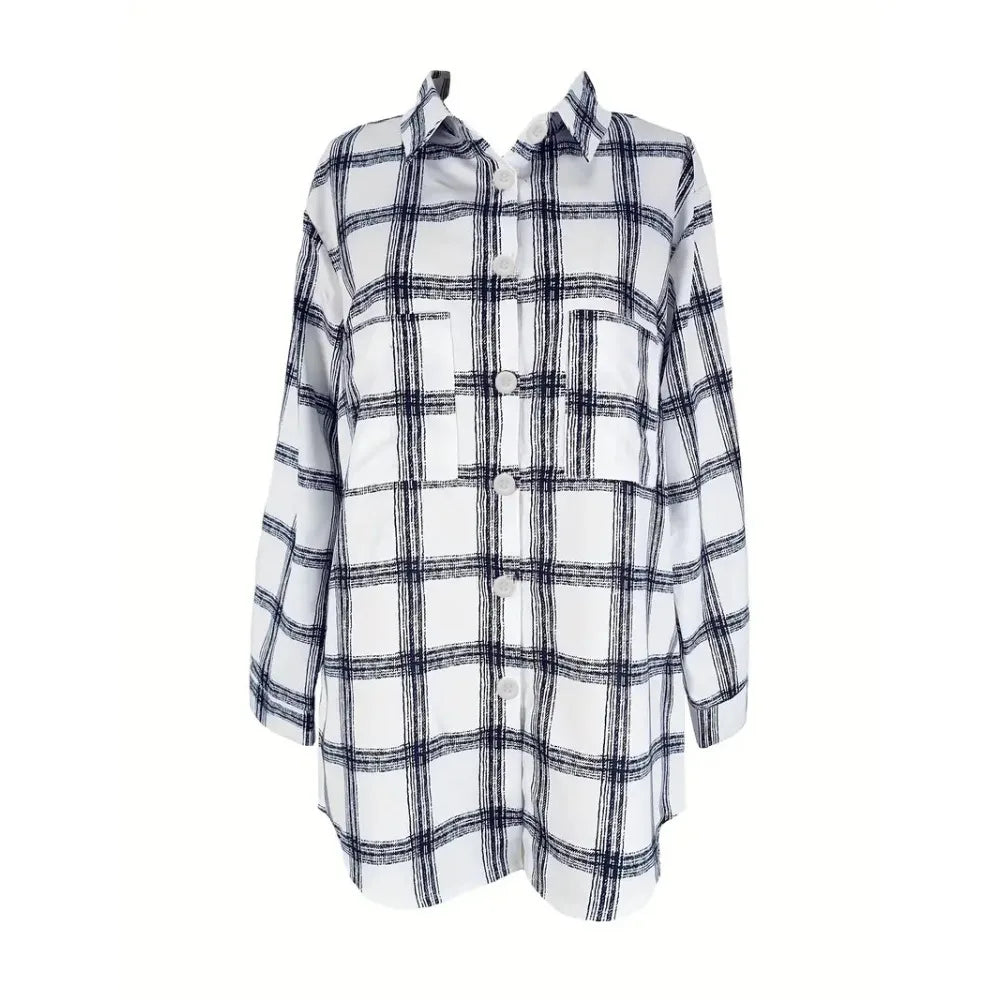 Plus Size Plaid Shirt: Lightweight Artistic Texture Blouse with Notch Collar & Loose Fit Long Sleeves for Office and Casual Wear
