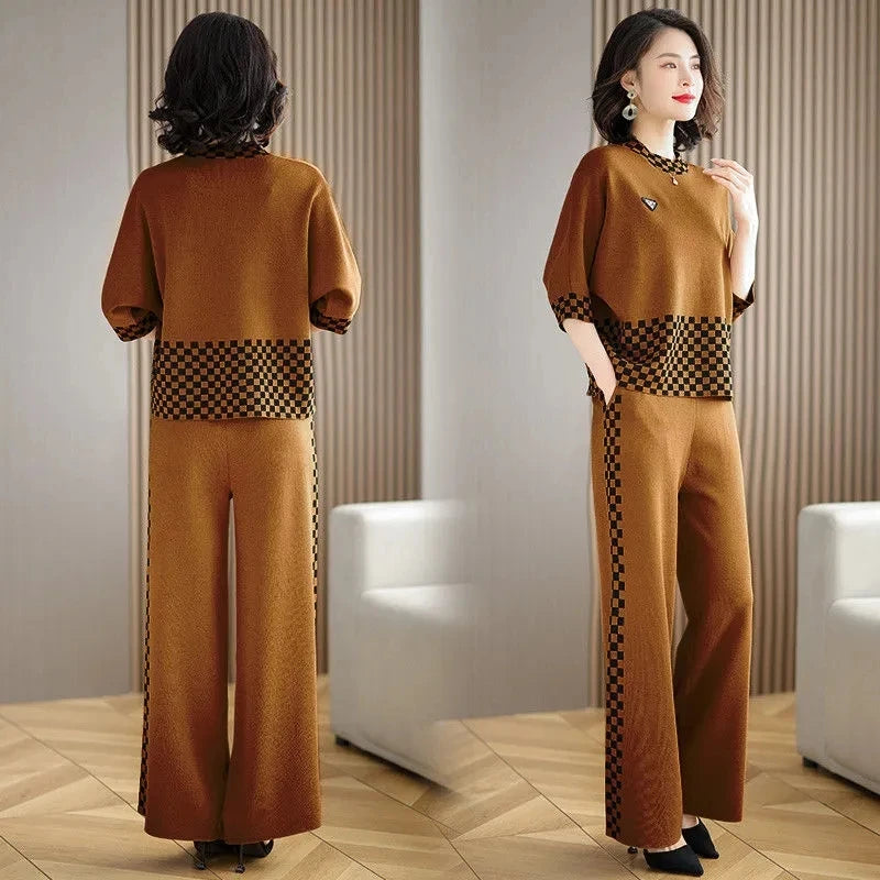 Noble Fashion Suits Spring Summer Middle Aged Mother Wide Leg Pants Sets Large Size Loose Tops + Casual Pants 2PCS Women Outfit