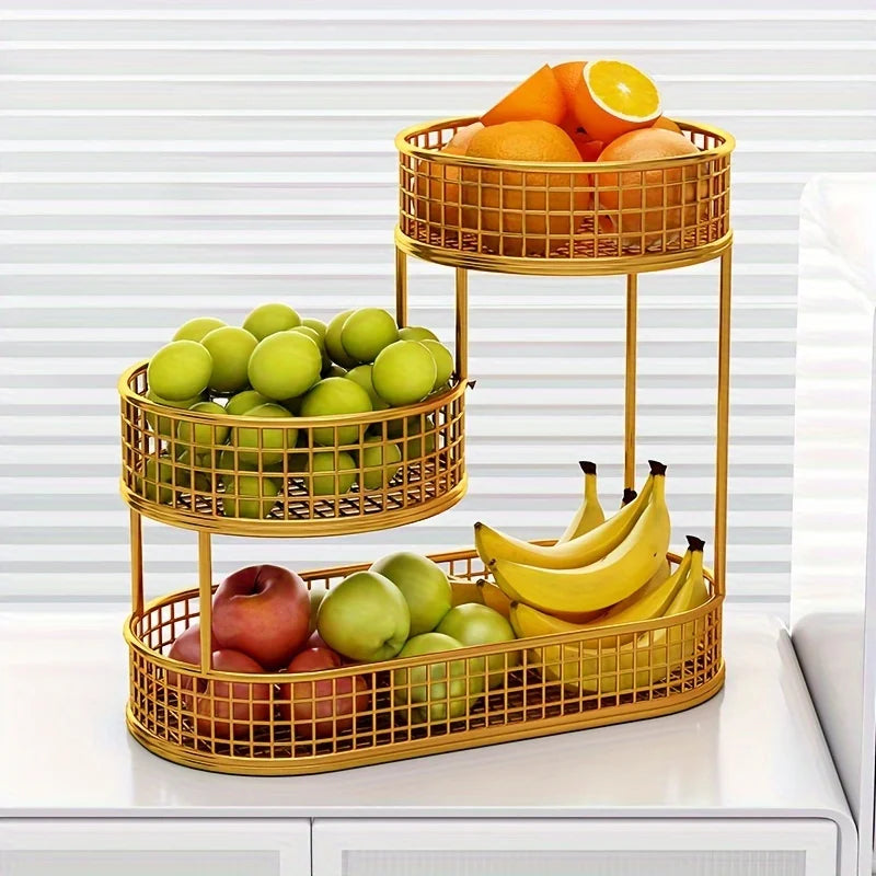 Stainless steel multi-layer fruit basket, round metal storage box, elegant display rack for living room, kitchen, dining table