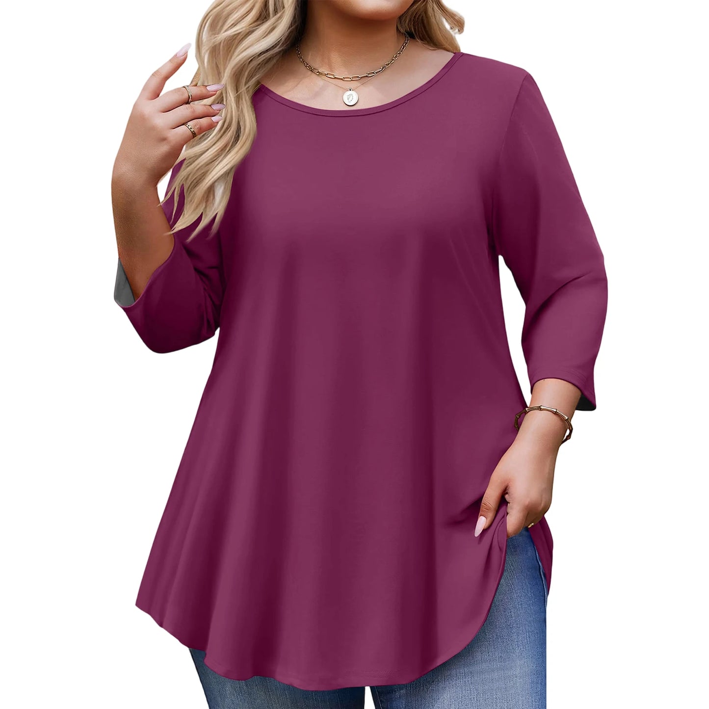 Spring Fall Women's Plus Size Long-sleeved Top, Solid Color Round Neck Curved Hem Loose T-shirt Spring Autumn Casual Top Mujer