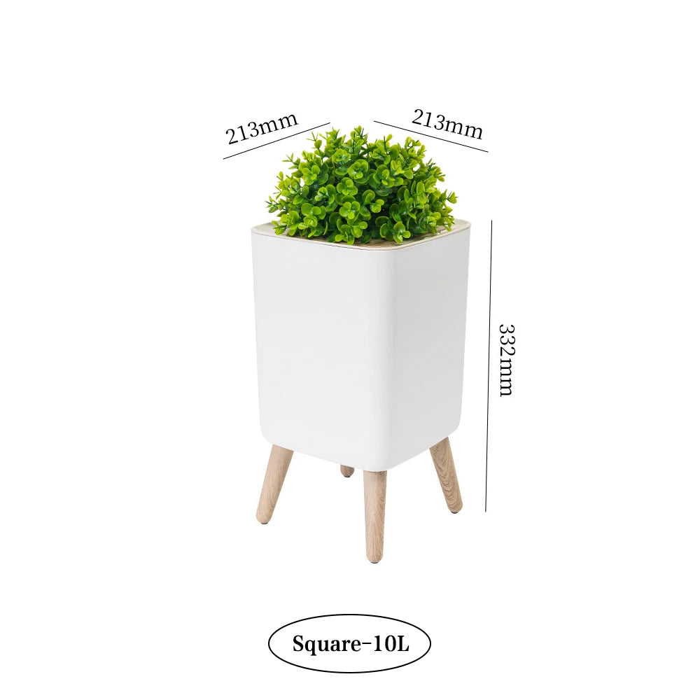 Wooden High Foot Trash Can For Bathroom Creative Kitchen wastebin with Press Cover Living Room Toilet Garbage container