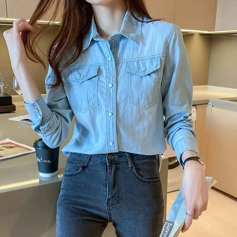 Slim Fit Long Sleeve Women's Denim Shirt Spring Autumn College Style Base Layer Top Korean Fashion Versatile Bottoming Shirt