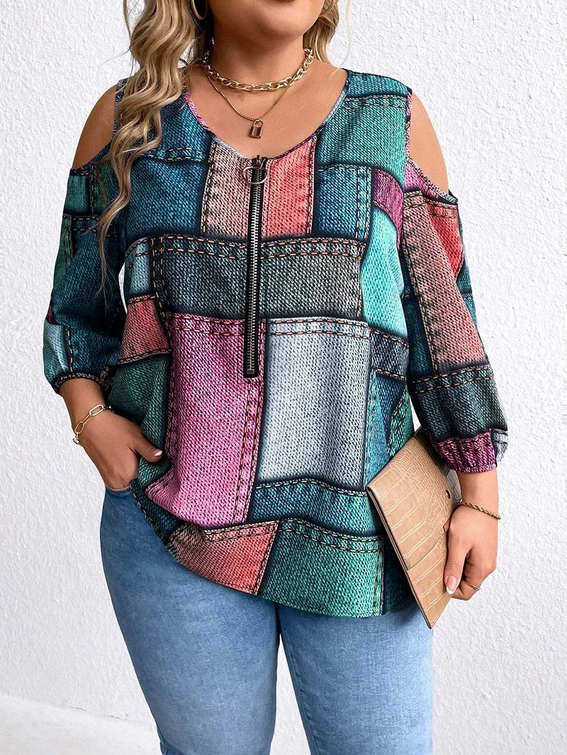 Plus Size Women's Autumn And Winter Fashion New Long Sleeve Zipper Decoration Off-The-Shoulder Printed Plaid Loose