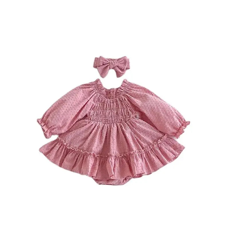 New 2024 Autumn Baby Bodysuit with Headband Sweet Princess Dress Infant Girls Solid Ruffled Square Collar One Piece Clothing