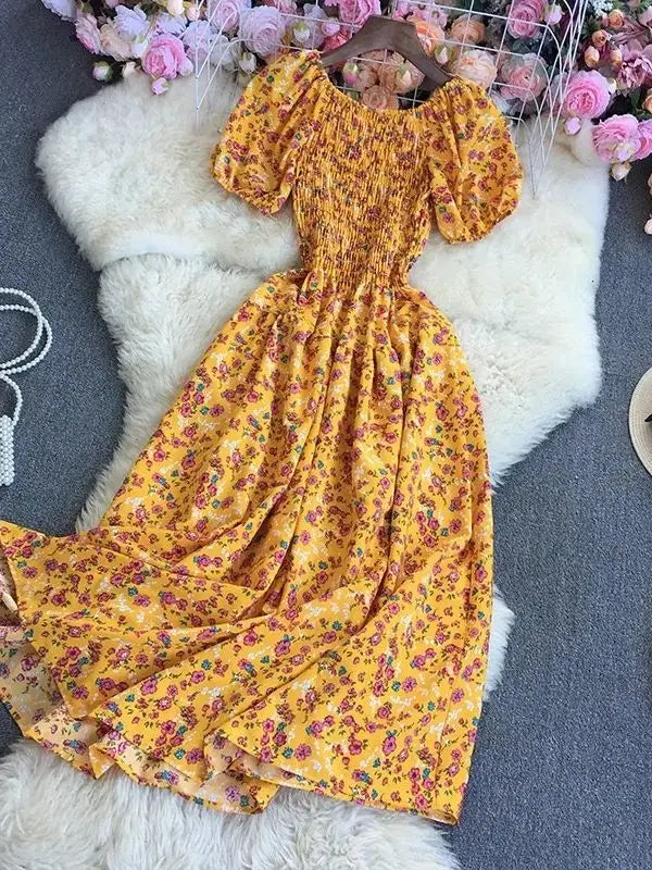 Beach Vacation Floral Print Dress Women Puff Sleeve Square Collar High Waist Dresses Korean Fashion Party Long Dress