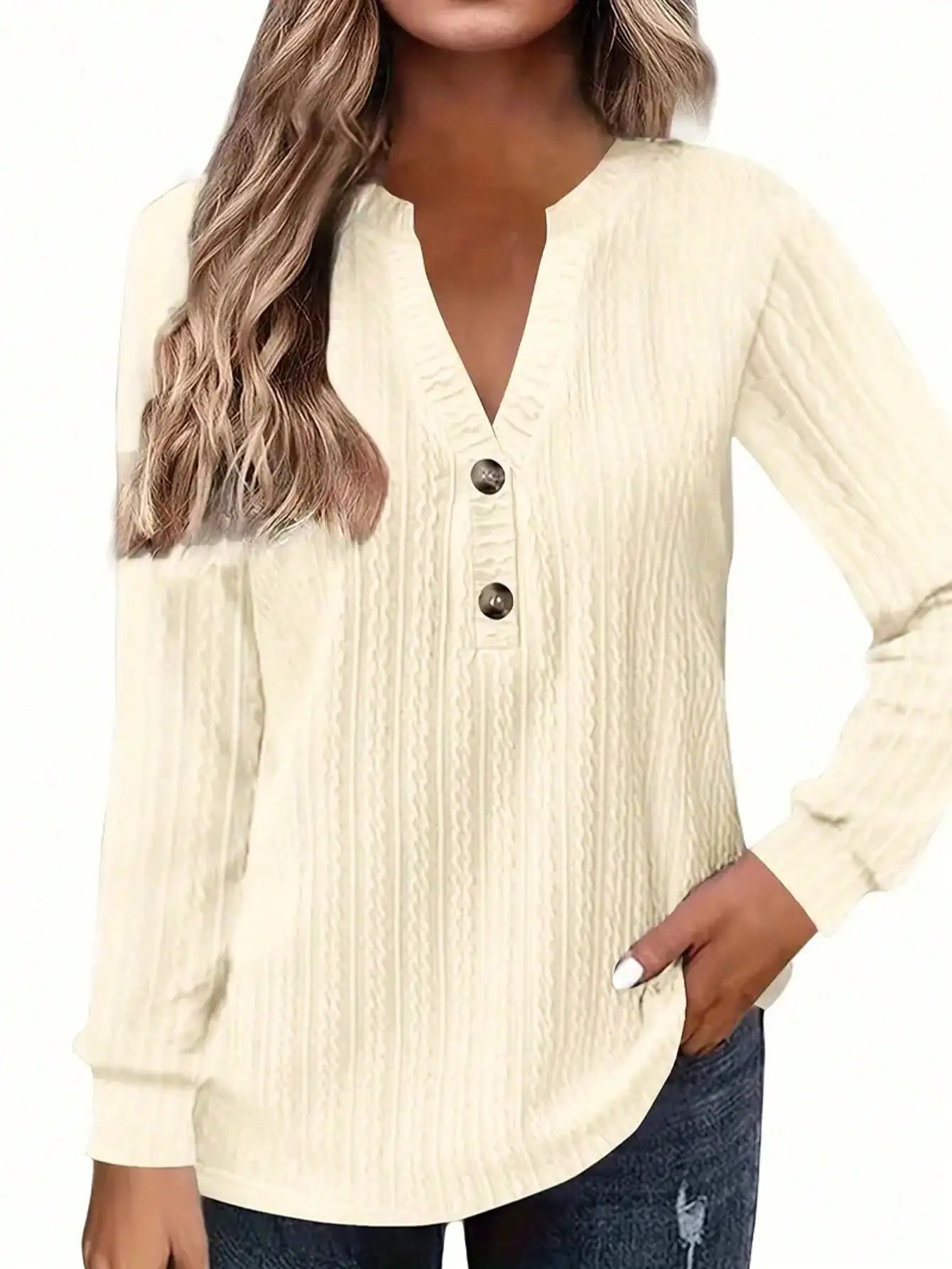 Plus size casual top  women's wide solid color chunky knit long sleeve button detail V-neck slightly elastic elegant top shirt