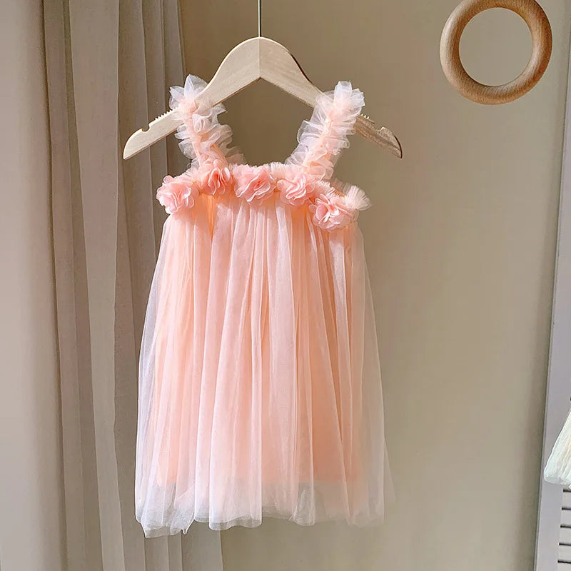 Kids Sweet Mesh Dress 1-6T Summer Children Mesh Tulle Princess Slip Tutu Dresses Girls 6 Colors 3D Flower Mermaid Birthday Dress