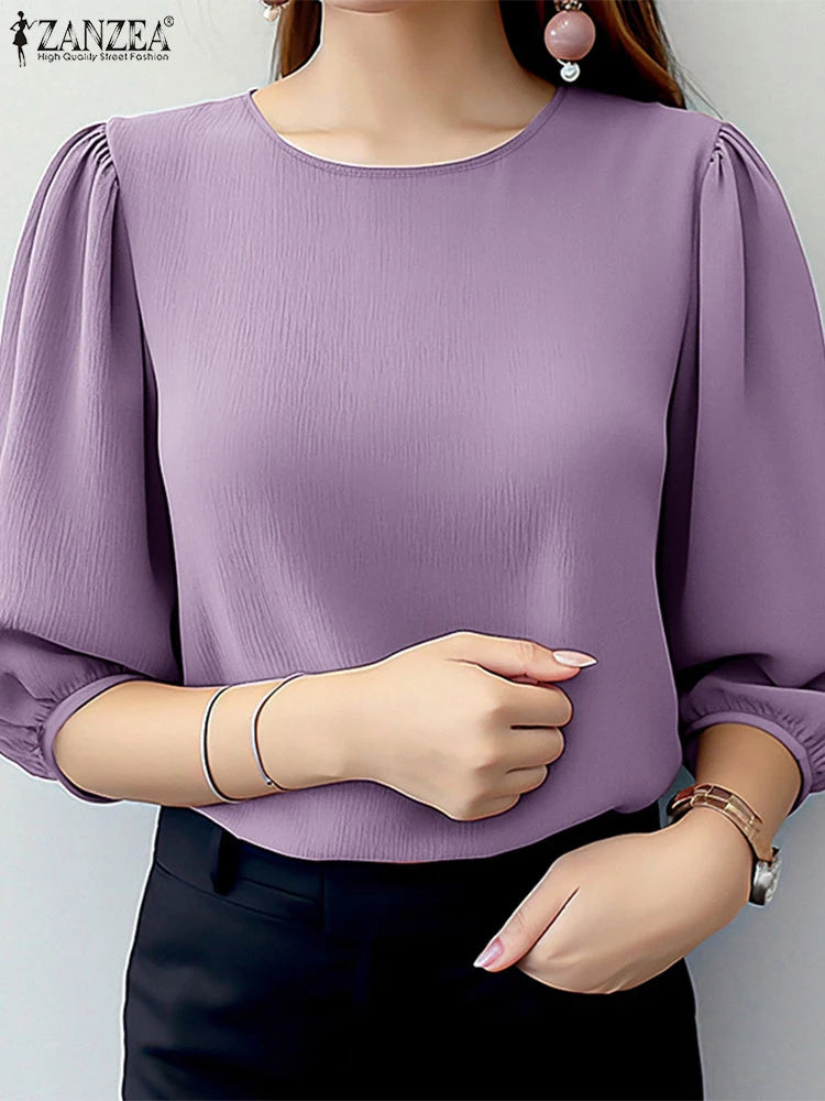 2025 ZANZEA Elegant Office Work Blouse Summer Fashion Shirt Women O Neck 3/4 Sleeve Holiday Blusas Spring Tops Tunic Oversize