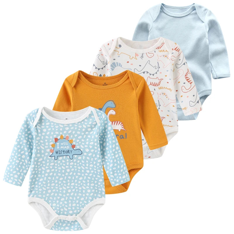 4Pieces Unisex Cotton Baby Girl Clothes New Born Long Sleeve Baby Boy Clothes Sets Print Anmial Bodysuit Solid Color Bebes