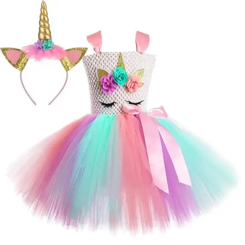 Pastel Flower Unicorn Dresses for Girls Christmas Halloween Costumes for Kids Birthday Party Outfit with Wings Horns Hairbow