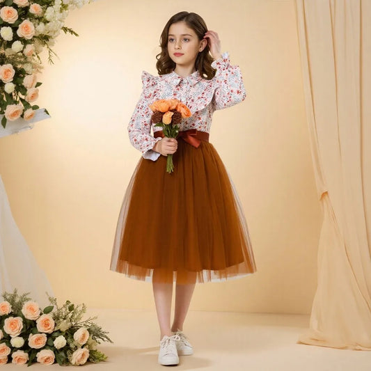 Kids Girls Dress Summer Long Sleeve Floral Gauze Belt Children Dress Casual Sweet Elegant Teen Princess Dress 7 8 9 10 11 12 Yrs
