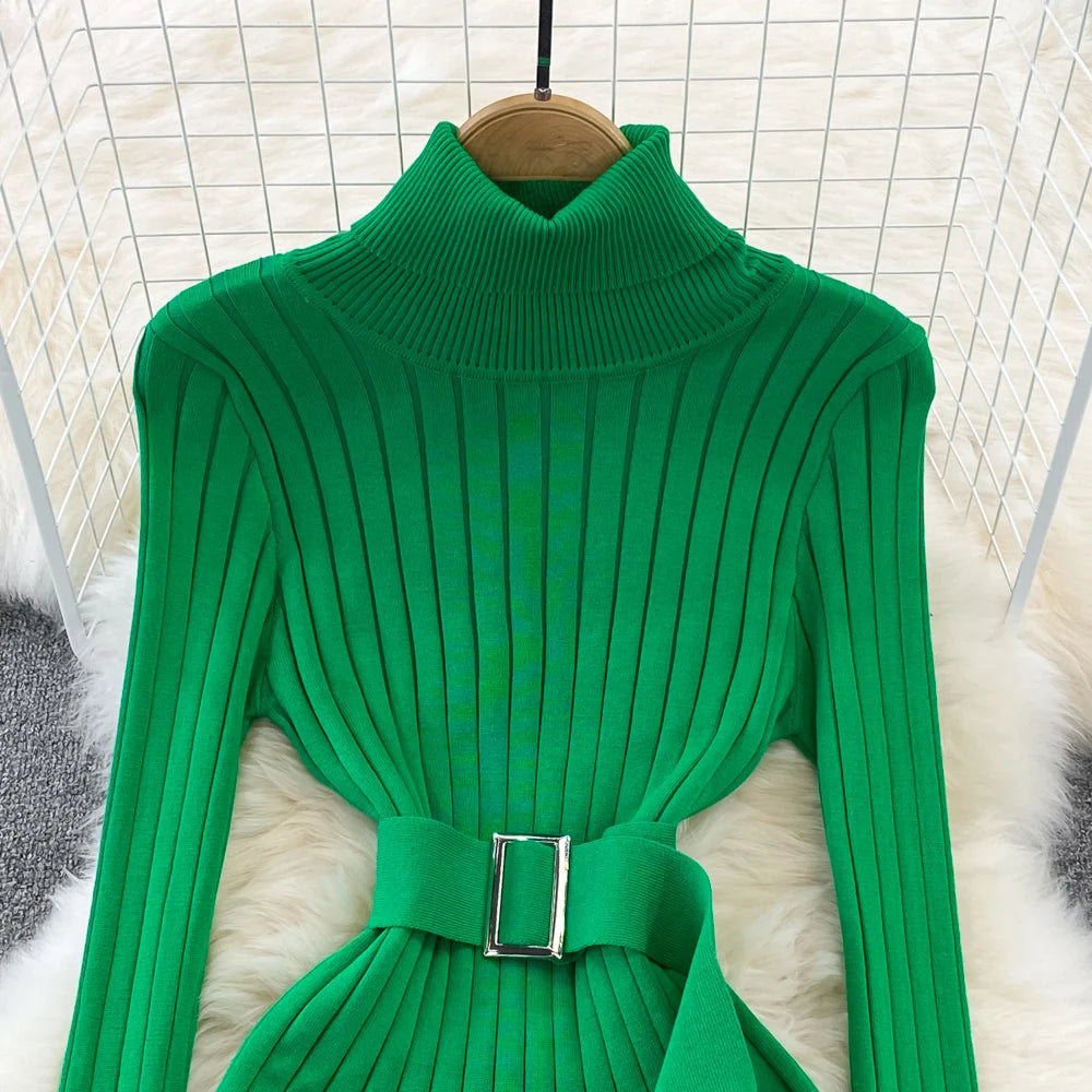 YuooMuoo Ins Hot Turtleneck Sexy Wrap Hips Knitted Dresses Women 2025 Autumn Winter Long Sleeve Bodycon Sweater Dress with Belt
