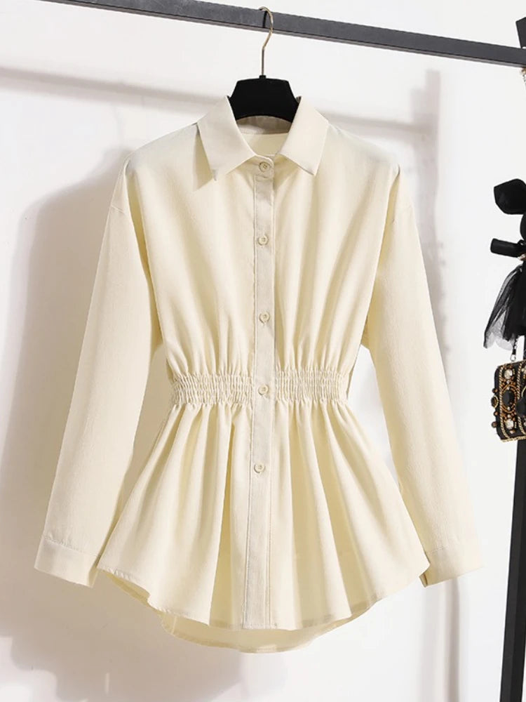 2026 Women's Plus Size Blouse Korean Style Spring Autumn Loose Elegant Casual Mid-length Tops Long Sleeved Waist Cinching Shirts