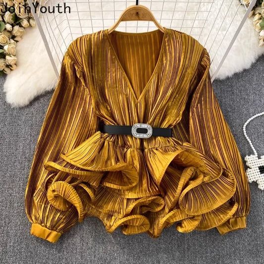 2026 Blusas Mujer De Moda Temperament Blouses Women Lantern Sleeve V-neck Slim Waist Shirts Folds Ruffles Vintage Blouse Tops