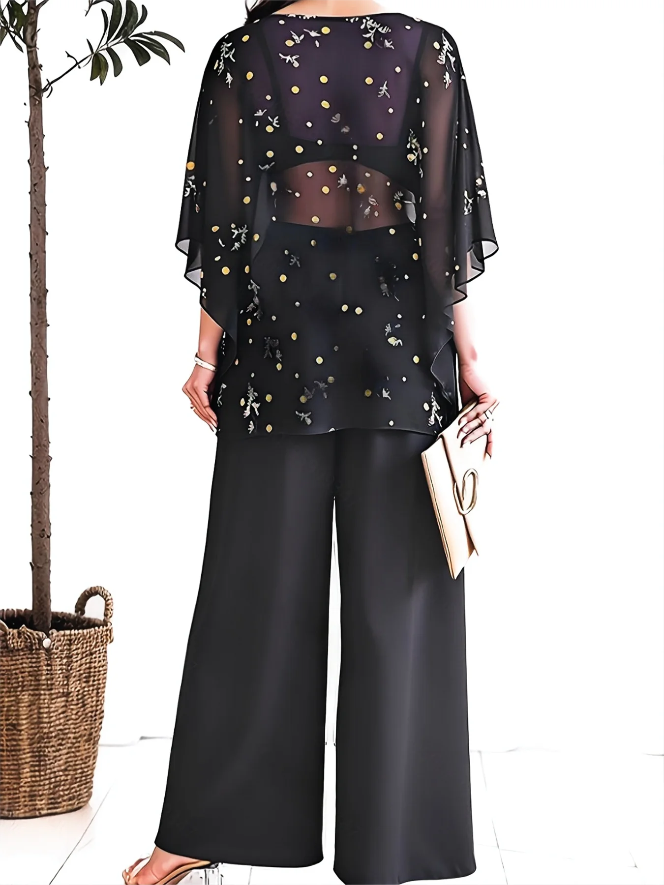 Plus Size Women's Black Floral Dot Batwing Sleeve Top + Wide Leg Pants 2-Piece Set - Elegant Casual Daily Style (0XL-4XL)
