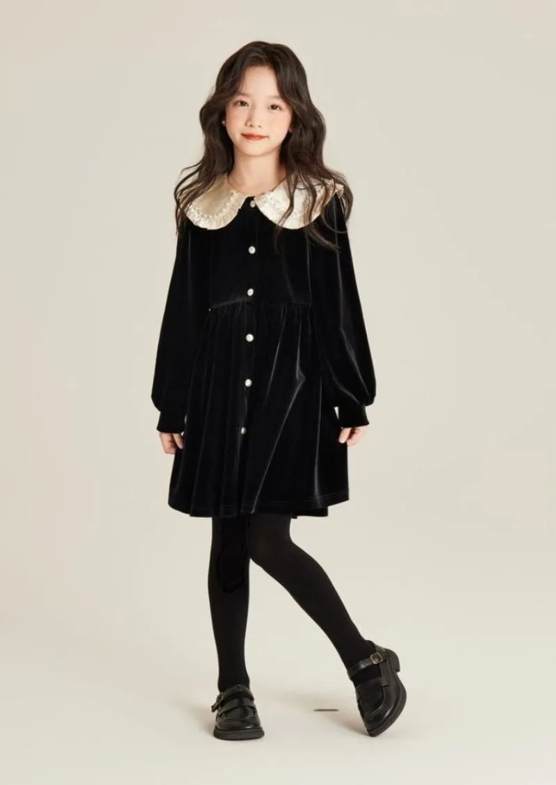 Girls' Autumn/Winter High-end Fleece-lined Velvet Elegant Black Princess Gown Dress - 4-12 Years Old