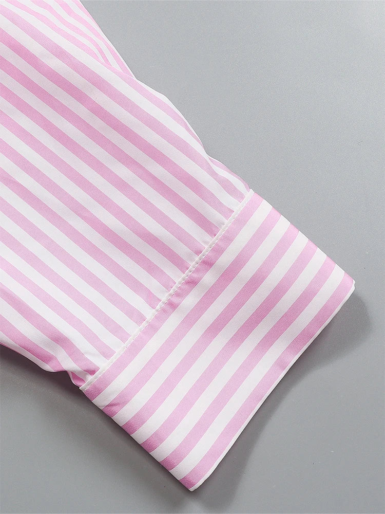 Women's plus Size High Collar Long Sleeve Shirt Autumn 2025 Pink White Striped Comfortable Casual Long Shirt