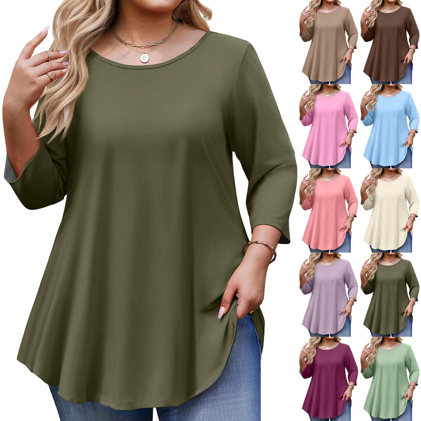 Spring Fall Women's Plus Size Long-sleeved Top, Solid Color Round Neck Curved Hem Loose T-shirt Spring Autumn Casual Top Mujer