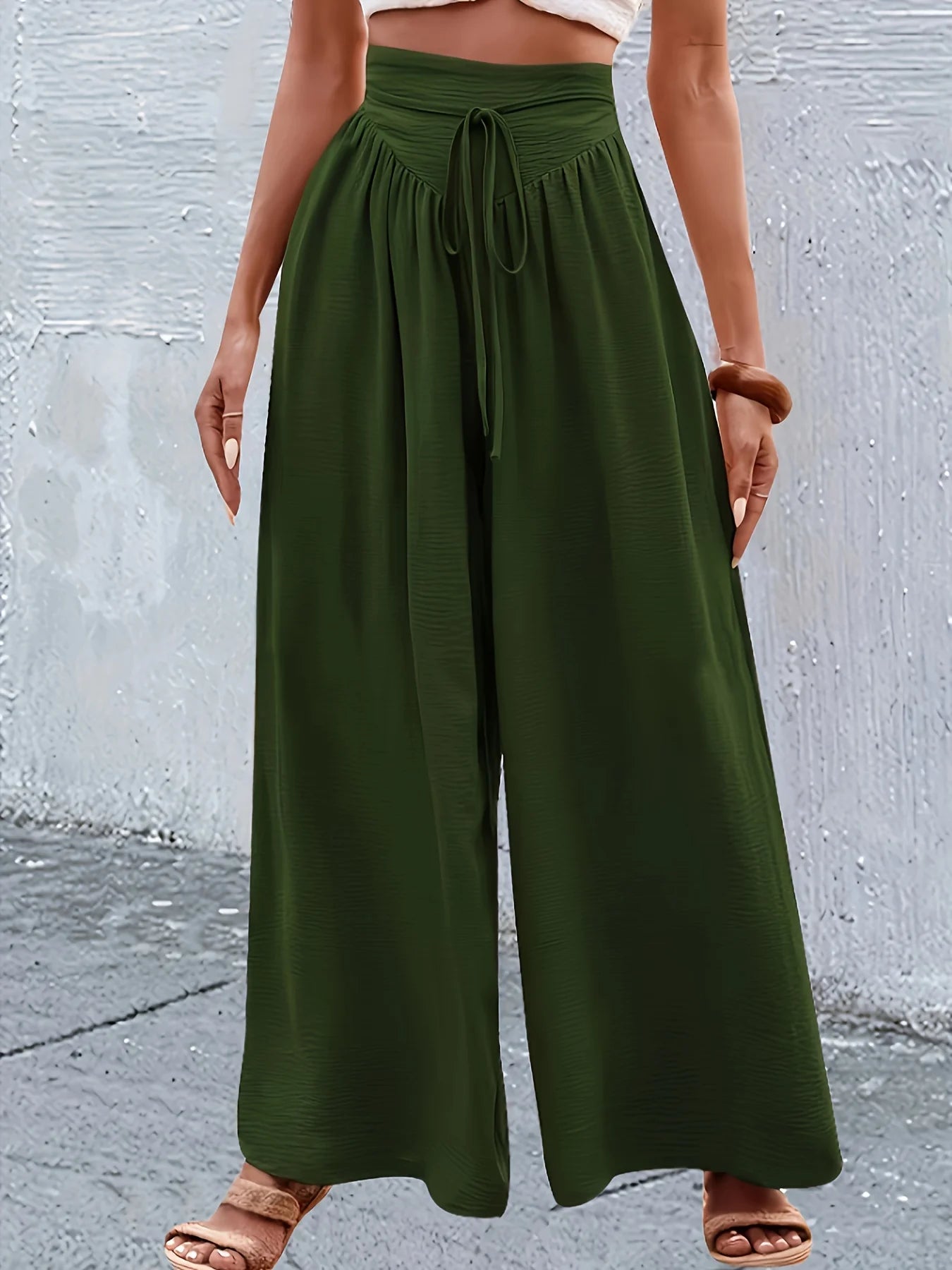 Women's Elegant Solid Color Elastic Waist Wide-Leg Pants with Belt Design, Loose Fit, Suitable for Casual and Comfortable Wear