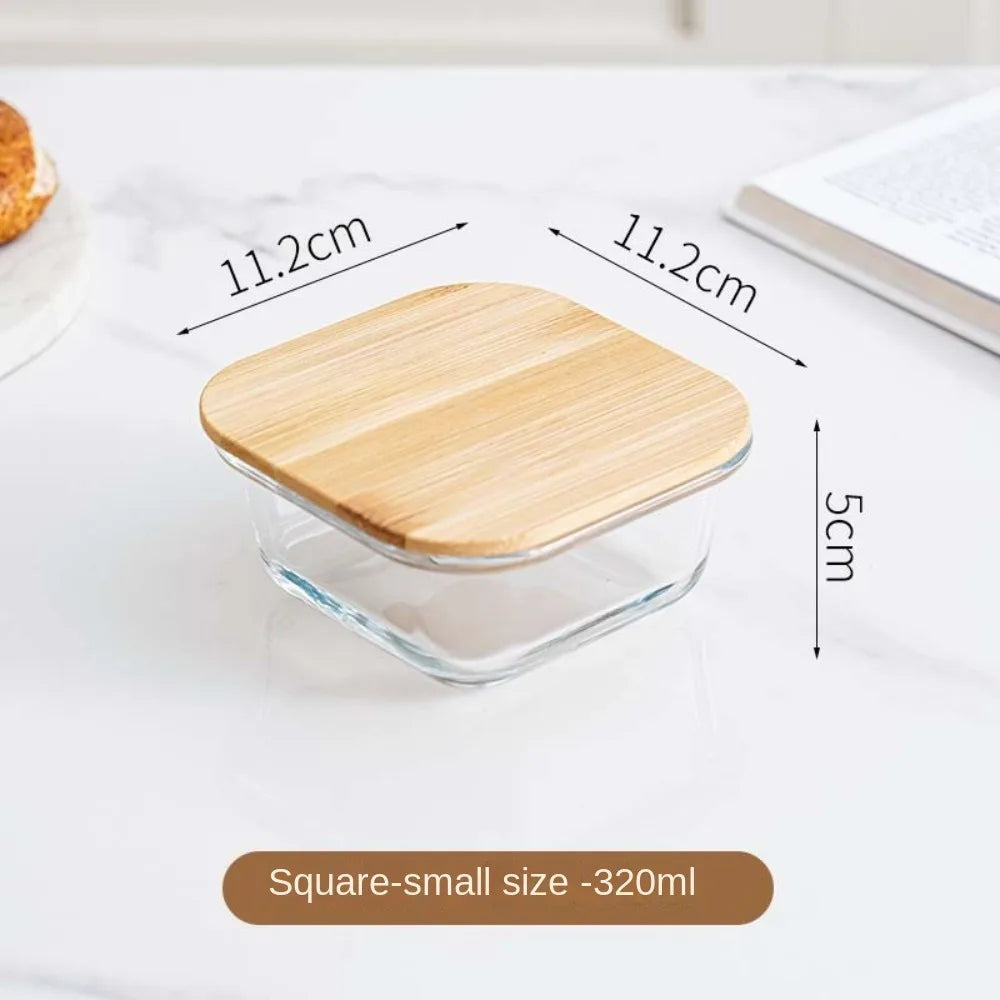 Glass Fresh-Keeping Box High Borosilicate Bamboo Lid Microwave Oven Lunch Box Sealed Leakproof Food Storage Containers Office