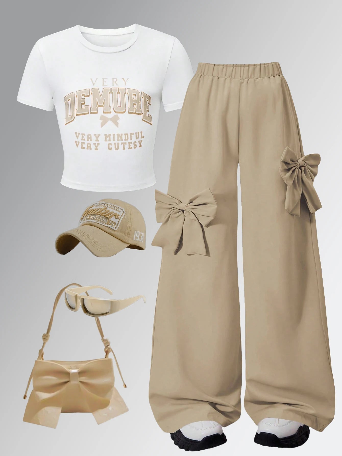 Fashionable girl's two-piece casual outfit; girls' short-sleeved top with bow tie and wide-leg trousers; straight trousers
